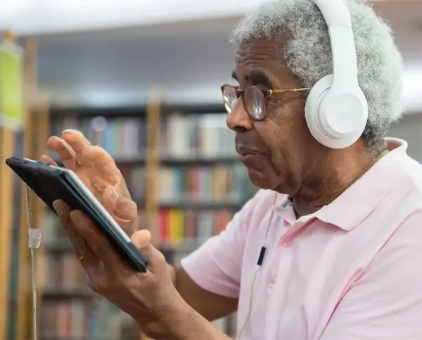A man watches a video with captioning